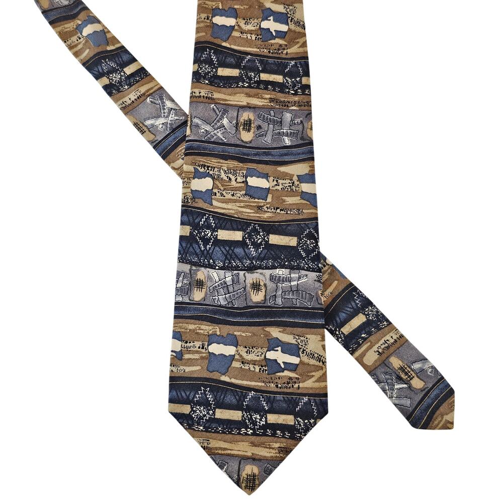 Geoffrey Beene Abstract Geometric Silk Necktie Brown Blue Made in USA 58”
